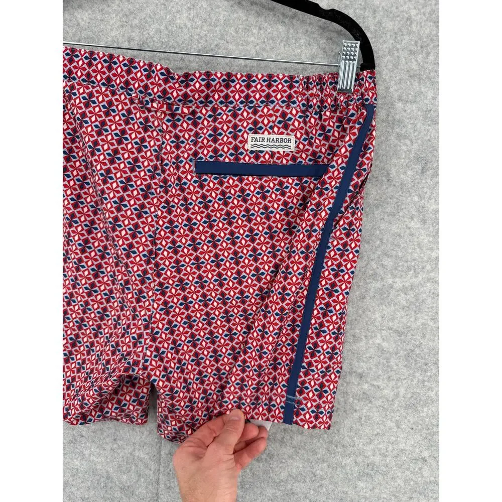 Fair Harbor The Sextant Geometric Swim Trunks Men's Size 34 Red Blue Side Stripe